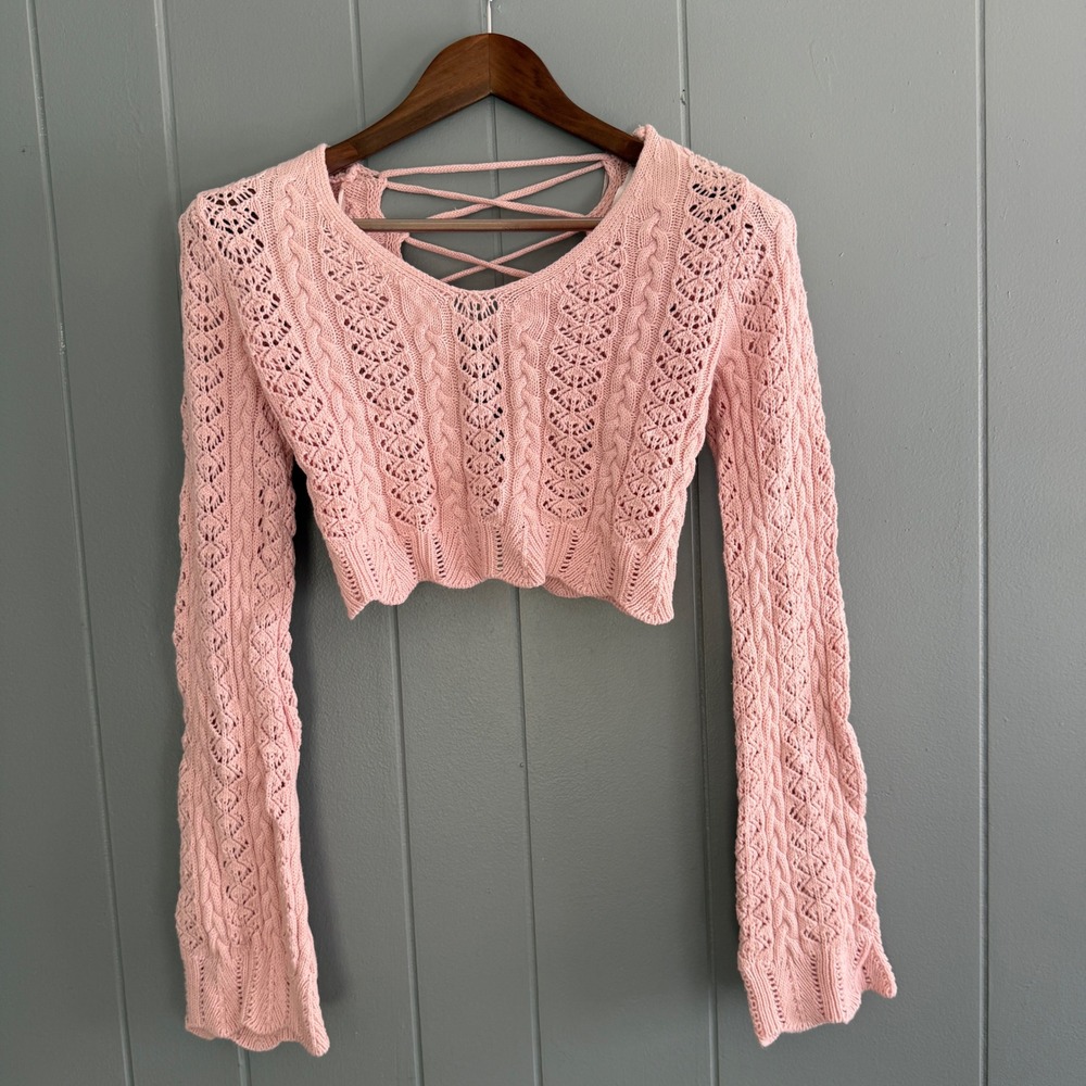 AltardState XS Pink Crop Sweater Pointelle Corset Lace Back Bell Sleeve Coquette